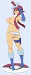  1girl :p absurdres ass back bikini blue_eyes blush boots breasts cum cum_on_body cum_on_breasts cum_on_upper_body facial flower from_behind fuuro_(pokemon) gloves gym_leader hair_flower hair_ornament highres large_breasts long_hair long_image looking_back nipples payot pokemon pokemon_(game) pokemon_bw polka_dot polka_dot_background ponytail red_hair salute side_ponytail sidelocks smile striped striped_bikini striped_swimsuit swimsuit tall_image tongue tongue_out topless towashibuki 