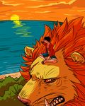  1boy amazon_lily animal black_hair fangs feriowind lion male male_focus monkey_d_luffy ocean one_piece open_clothes open_shirt orange_sky outdoors oversized_animal riding sandals scar scenery shirt shorts sitting solo sunrise tree 