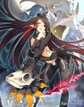  bare_shoulders black_hair black_legwear breasts cardfight!!_vanguard crown glasses glowing glowing_eyes heterochromia holding large_breasts long_hair masa_(masa-koba) nose_piercing nose_ring piercing pointy_ears silver_thorn_dragon_tamer_luquier solo thighhighs watermark whip 