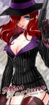  blue_eyes breasts character_name cleavage formal gun hat jacket joypyonn large_breasts league_of_legends long_hair mafia_miss_fortune mouth_hold pencil_skirt pinstripe_pattern pinstripe_suit red_hair sarah_fortune skirt skirt_suit solo striped suit thighhighs weapon 