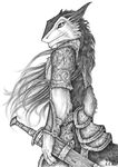  armor hair long_hair looking_at_viewer melee_weapon midgardian monochrome qzurr sergal solo standing sword weapon 