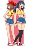  :d bandana blue_eyes blue_hair bracelet brown_hair cap_(dkdm-d) commentary_request cosplay denim denim_shorts hair_ornament haruka_(pokemon) hikari_(pokemon) jewelry kasumi_(pokemon) kasumi_(pokemon)_(cosplay) kneehighs long_hair midriff multiple_girls navel open_mouth pokemon pokemon_(anime) pokemon_(classic_anime) pokemon_ag pokemon_dp_(anime) shoes short_hair shorts smile sneakers suspenders tank_top 