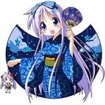  alternate_hairstyle doll fan hiiragi_kagami hiiragi_tsukasa japanese_clothes kimono long_hair lucky_star multiple_girls paper_fan purple_eyes purple_hair rindou_(awoshakushi) uchiwa yukata 