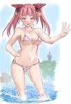  akasaai bad_id bad_pixiv_id bikini day demon_girl hair_ornament hand_on_hip horns navel o-ring o-ring_bottom open_mouth original pink_eyes pink_hair pointy_ears sketch solo striped striped_bikini swimsuit twintails water wet 