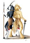  antelope blue_eyes couple duo equine hooves horse loincloth male mammal melee_weapon plain_background polearm qzurr smile spear sword topless weapon white_background 