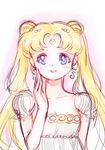  bishoujo_senshi_sailor_moon blue_eyes crescent_moon earrings facial_mark forehead_mark hand_on_own_face jewelry light_smile long_hair mochibito moon princess_serenity solo tsukino_usagi twintails upper_body 