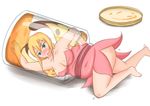  1girl barefoot blonde_hair blush bottomless butterfly_wings fairy fat fear food green_eyes helpless insect_wings jar minigirl scared simple_background stuck wings 