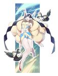  black_hair blue_eyes breasts creature emolga fur_coat gen_5_pokemon headphones highres kamitsure_(pokemon) lightning long_hair medium_breasts mimizubare mismatched_footwear pokemon pokemon_(creature) pokemon_(game) pokemon_bw2 shorts very_long_hair 