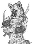  anthro blade grin hyena male mammal melee_weapon monochrome plain_background pose qzurr solo tahmores white_background 