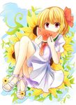  alternate_costume blonde_hair blue_sky cloud covering_mouth feet floral_background flower food fruit hair_ribbon looking_at_viewer melon puffy_sleeves purple_eyes ribbon rumia sandals short_hair short_sleeves sky solo sunflower touhou watermelon wide-eyed yuuhagi_(amaretto-no-natsu) 