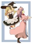  bad_id bad_pixiv_id blonde_hair book boots cloak frame full_body grin hand_on_headwear hat high_heels jumping kirisame_marisa multiple_girls patchouli_knowledge profile purple_hair shoes smile touhou witch_hat yachi_yowa 
