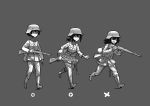  3girls ammunition_pouch boots erica_(naze1940) gun helmet military military_uniform multiple_girls original pouch rifle running simple_background soldier uniform walking weapon world_war_ii 