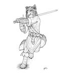  canine dog fighter grin line_art male melee_weapon monochrome plain_background qzurr solo sword vladimir weapon white_background 