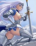  absurdres annelotte armor armored_dress ass blue_eyes boots breasts cover day dvd_cover eiwa gauntlets greaves hand_on_hip high_heels highres large_breasts leg_up legs long_hair long_legs looking_at_viewer miniskirt panties pink_panties purple_hair queen's_blade queen's_blade_rebellion scan shoes sideboob skirt sky solo sword thigh_boots thighhighs thighs underwear weapon 