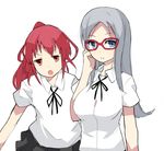  atago_hiroe atago_kinue blue_eyes blue_hair chinchilla glasses himematsu_school_uniform long_hair multiple_girls ponytail red_eyes red_hair ribbon saki siblings sisters 