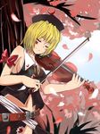  belt blonde_hair bow breasts cherry_blossoms closed_eyes crescent hat highres instrument koissa large_breasts lunasa_prismriver midriff music navel playing_instrument sash short_hair sideboob skirt sleeveless smile solo touhou violin 