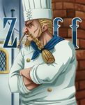  beard blonde_hair braid braided_beard character_name chef chef_hat chef_uniform coreymill facial_hair hat male_focus mustache one_piece red_shoes_zeff solo 