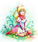  blonde_hair blue_eyes blush bow breasts chrono_cross closed_mouth dress full_body graphite_(medium) grass hair_bow juliet_sleeves kid_(chrono_cross) kneehighs long_hair long_sleeves looking_at_viewer marker_(medium) multi-tied_hair on_grass pavelnedved11 ponytail puffy_sleeves red_bow red_footwear sitting smile solo square_enix star traditional_media wariza white_legwear 