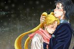  1girl bishoujo_senshi_sailor_moon black_hair blonde_hair closed_eyes double_bun hair_bun hand_on_another's_head long_hair moka-&gt; ponytail profile seiya_kou tears tsukino_usagi twintails 