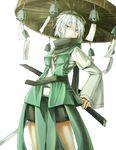  alternate_costume bad_id bad_pixiv_id bell blue_eyes gomibukurokarasu hat highres holding japanese_clothes kataginu katana konpaku_youmu scarf serious sheath sheathed short_hair silver_hair simple_background skirt solo straw_hat sword touhou wakizashi weapon white_background wide_sleeves wind_chime 