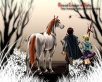  1girl 55dopl3e armor cape dress elona grass halberd horse little_girl_(elona) polearm skirt sword tree weapon 