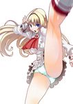  bad_id bad_pixiv_id blonde_hair blue_eyes boots clash_kuro_neko dress fingerless_gloves frills gloves high_kick kicking knee_boots lili_(tekken) long_hair miniskirt panties skirt solo tekken underwear white_background 