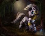  aeronjvl black_hair blue_eyes cutie_mark detailed_background ear_piercing equine female feral forest friendship_is_magic grass hair hi_res jewelry mammal my_little_pony piercing scenery solo stripes tree white_hair wood zebra zecora_(mlp) 