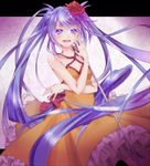  bare_shoulders blue_eyes blue_hair bow dress flower frilled_dress frills hair_flower hair_ornament hatsune_miku kawasaki_toiro kochira_koufuku_anshin_iinkai_desu_(vocaloid) long_hair microphone microphone_stand sepia_dress smile solo twintails very_long_hair vintage_microphone vocaloid 