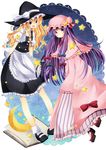  apron bad_id bad_pixiv_id blonde_hair book capelet cloak crescent_moon doily full_body hat kirisame_marisa long_hair mary_janes moon multiple_girls patchouli_knowledge purple_hair shoes somiko star striped touhou witch_hat 