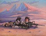  anthro barrett barrett_m107 canine couple desert dog duo eye_contact feline german_flag landscape lying mammal moonsongwolf qzurr ranged_weapon smile sniper sunset tiger weapon 