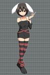  alternate_color alternate_costume animal_ears arm_behind_back bad_id bad_pixiv_id belt black_hair brown_eyes bunny_ears camisole choker highres inaba_tewi kuroba_rapid light_smile long_sleeves looking_at_viewer pose shirt shoes short_hair solo striped striped_legwear thighhighs touhou wristband 
