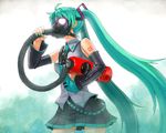  aqua_hair bare_shoulders detached_sleeves fire_extinguisher gas_mask hair_ornament hatsune_miku highres holding itou_(onsoku_tassha) long_hair mask nail_polish necktie pleated_skirt simple_background skirt solo strap tank_(container) tattoo tube twintails very_long_hair vocaloid 