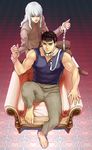  arm_holding bad_id bad_pixiv_id barefoot berserk black_hair brown_eyes chair collar feet_on_chair frills grey_eyes griffith guts leash lips long_hair looking_at_viewer male_focus multiple_boys pants scar shirt sitting sleeveless sleeveless_shirt white_hair zonzgong 