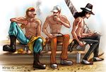  3boys baseball_cap bird black_hair blonde_hair boots bottle chisel cigar eating food goggles hat hattori_(one_piece) kaku_(one_piece) long_nose male male_focus multiple_boys muscle one_piece orange_hair paulie pigeon rob_lucci saddle_shoes sandwich saw sitting smoking suspenders tattoo top_hat topless water_7 