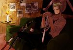  1boy bottle candle couch earrings flame green_hair green_upholstery indoors jewelry jolly_roger male male_focus monkey_d_luffy one_piece pirate pirate_flag poster roronoa_zoro sanji scabbard sheath sheathed_sword sitting solo sword wanted_poster weapon 