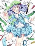  aa44 blue_eyes blue_hair cucumber dress hair_bobbles hair_ornament hammer hat kawashiro_nitori key nut_(hardware) open_mouth pliers pocket screw screwdriver solo tape_measure touhou white_background wrench 