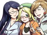  ;p araragi_(pokemon) bel_(pokemon) beret black_hair blonde_hair brown_hair closed_eyes closed_labcoat earrings glasses green_eyes hat jewelry labcoat long_hair magical_ondine makomo_(pokemon) multiple_girls one_eye_closed pokemon pokemon_(game) pokemon_bw2 red-framed_eyewear semi-rimless_eyewear short_hair smile tongue tongue_out under-rim_eyewear v 