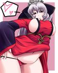  1girl breasts female hair_ornament heart hearts large_breasts leaning_forward long_hair navel panties panty_pull red_panties sangokushi_taisen sideboob silver_eyes silver_hair simple_background skirt skirt_lift solo standing thighs underwear yuutai zhang_chunhua_(sangokushi_taisen) 