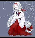  1girl ajimu_najimi hair_ribbon hairband japanese_clothes medaka_box miko one_eye_covered ribbon scar silk solo spider spider_web stakes stitches white_hair 