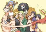  2girls 6+boys 6boys black_hair blonde_hair blue_hair brook cyborg facial_hair female formal franky goatee green_hair hat headphones hug male monkey_d_luffy multiple_boys multiple_girls nami nami_(one_piece) nico_robin one_piece open_clothes open_shirt orange_hair reindeer roronoa_zoro sabaody_archipelago sanji scar shirt skeleton straw_hat suit sunglasses suspenders tony_tony_chopper usopp 