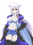  ahoge animal_ears armor braid breasts cape cat_ears cleavage dog_days hand_on_hip himo large_breasts leonmitchelli_galette_des_rois long_hair midriff navel shorts simple_background single_braid solo white_background white_hair yellow_eyes 