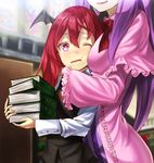  bad_id bad_pixiv_id between_breasts blush book breast_press breasts head_wings height_difference holding holding_book hug hug_from_behind koakuma kyon_(fuuran) long_hair multiple_girls open_mouth patchouli_knowledge pink_eyes purple_hair red_hair saliva touhou wince you_gonna_get_raped yuri 