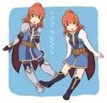  2girls armor belt boots breasts brown_eyes chastel_aiheap elbow_gloves gloves hisca_aiheap long_hair multiple_girls open_mouth orange_hair ponytail tales_of_(series) tales_of_vesperia tales_of_vesperia:_the_first_strike thighhighs 