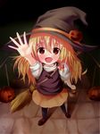  blonde_hair blush bow broom candy fang fingers food hair_bow halloween hands hat jack-o'-lantern kirisame_marisa long_hair nicoby outstretched_arms palms short_sleeves solo touhou witch_hat yellow_eyes 