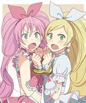  blonde_hair blue_eyes blush bow choker cure_melody cure_rhythm frills green_eyes heart houjou_hibiki hyakuen_raitaa minamino_kanade multiple_girls pink_bow pink_choker pink_hair precure suite_precure white_choker 