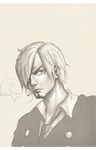  1boy blonde_hair cigarette collared_shirt facial_hair formal frown goatee hair_over_one_eye highres male male_focus melllorine monochrome necktie one_piece sanji shirt smoking solo suit 
