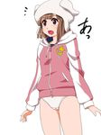  ai_hoshimiya animal_print bad_id bad_pixiv_id bangs brown_eyes brown_hair bunny_panties bunny_print cameltoe front-print_panties hood hoodie miniskirt_pirates no_pants open_mouth panties poncho_s print_panties short_hair simple_background solo translated underwear white_background white_panties 