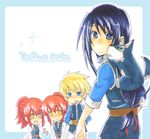  2boys 2girls animal belt blonde_hair blue_eyes blue_hair chastel_aiheap dog flynn_scifo gloves green_eyes heart hisca_aiheap long_hair multiple_boys multiple_girls open_mouth pants ponytail red_hair repede short_hair smile spoon tales_of_(series) tales_of_vesperia tales_of_vesperia:_the_first_strike yellow_eyes yuri_lowell 