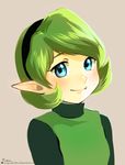  blue_eyes brown_background face green_hair green_hairband hairband light_smile looking_at_viewer magical_ondine pointy_ears portrait saria short_hair signature simple_background solo text_focus the_legend_of_zelda the_legend_of_zelda:_ocarina_of_time turtleneck upper_body 