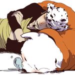  bear bepo black_hair bubble crossed_arms earrings facial_hair goatee hat heart_pirates hood hoodie jewelry jolly_roger jumpsuit lowres male male_focus one_piece pirate raglan_sleeves sleeping smiley_face solo trafalgar_law white_background 